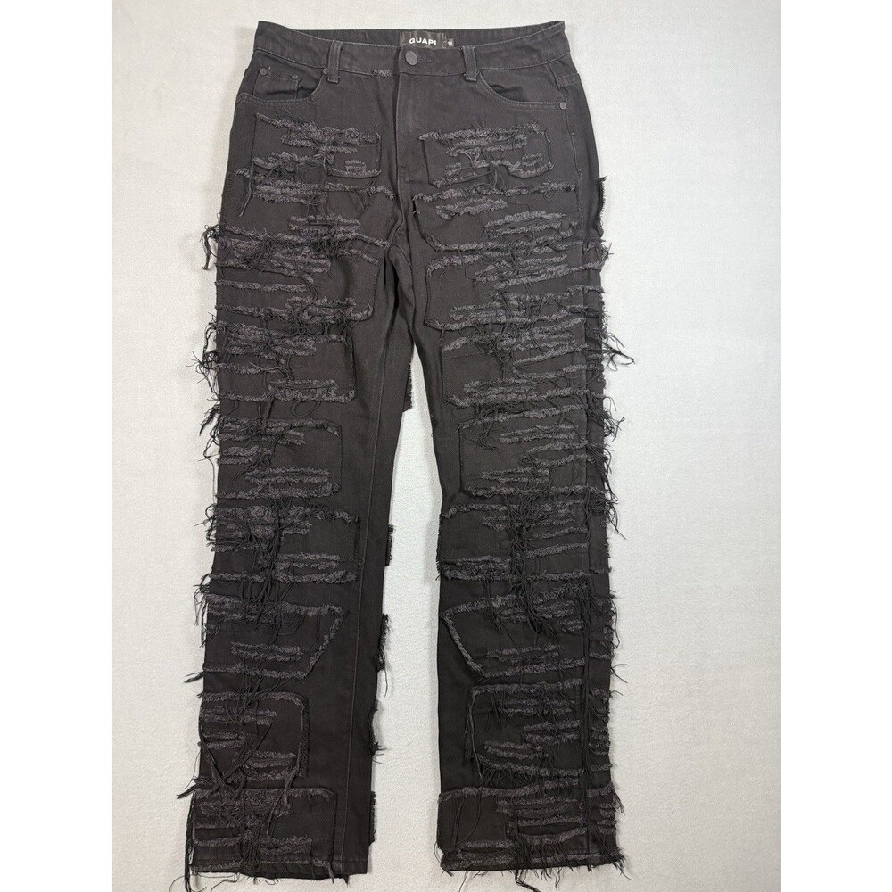 Guapi Men's Jeans 34 Black Distressed Destroyed Shredded Zipper Leg Streetwear